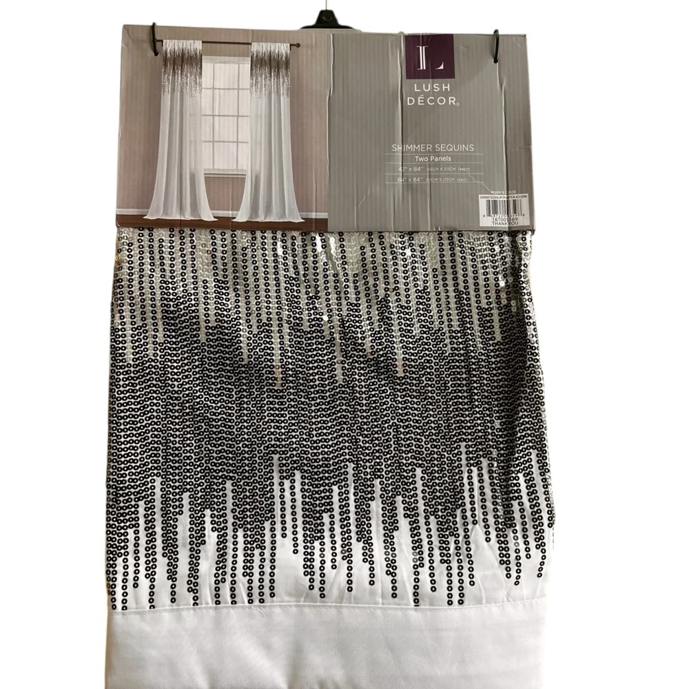 New Lush Decor Shimmer Sequins 2 Panels Curtains White Black 84 Inch